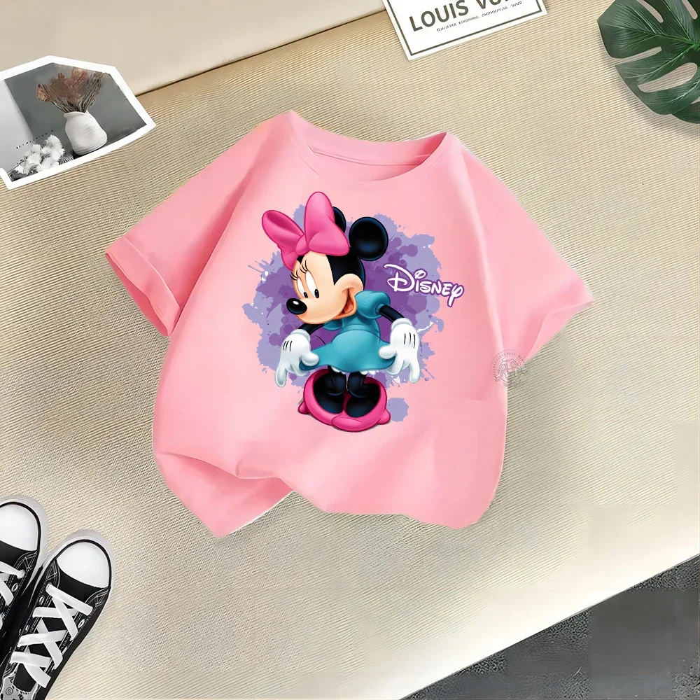 Disney-Minnie infantil camiseta de algodão manga curta, top de rua de verão, desenhos animados, meninos e meninas, blusa casual infantil