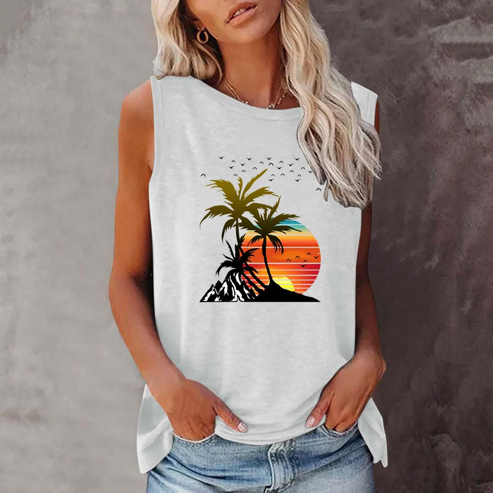 Seeyoushy Sunset Beach View of Coconut Trees 2023 New Summer Harajuku Fashion Trend Tshirt Women's Sleeveless O-neck Tshirt Tops