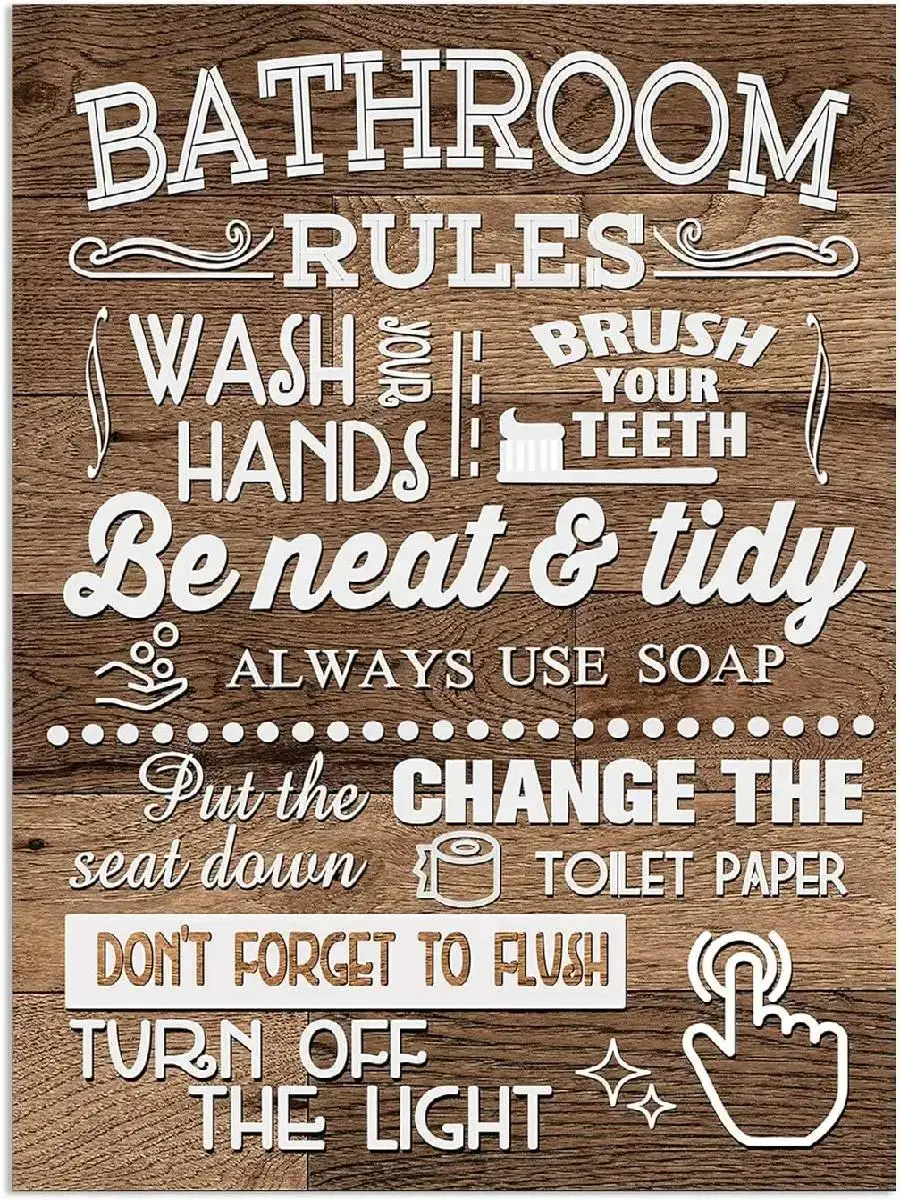 Farmhouse Style Bathroom Canvas Wall Art  Funny Toilet Rules Sign Poster with Wood Grain Background Framed Restroom Decor for Ho