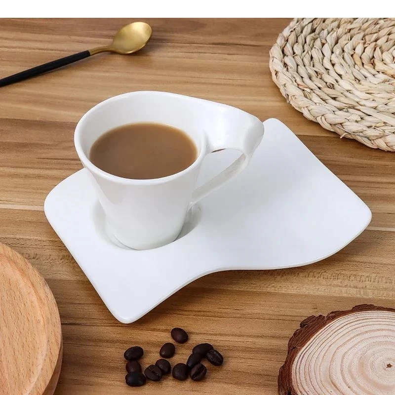 European-style Ceramic Coffee Cup and Saucer Set Home Office Water Tea Simple Wave Mug Solid Color Drinking