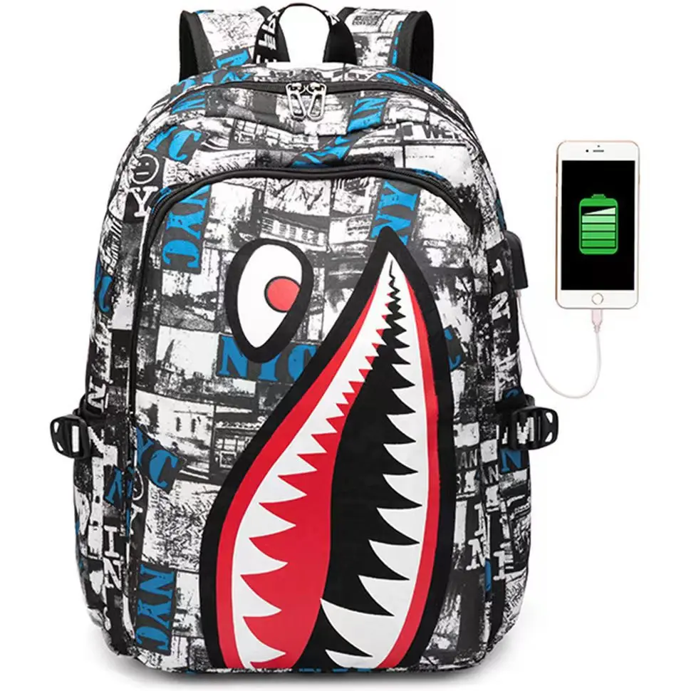 Waterproof Backpacks Travel Kuromi School Backpack 2024 Bag Student Shark Print Large Capacity Lightweight Casual Simple Bag Ita