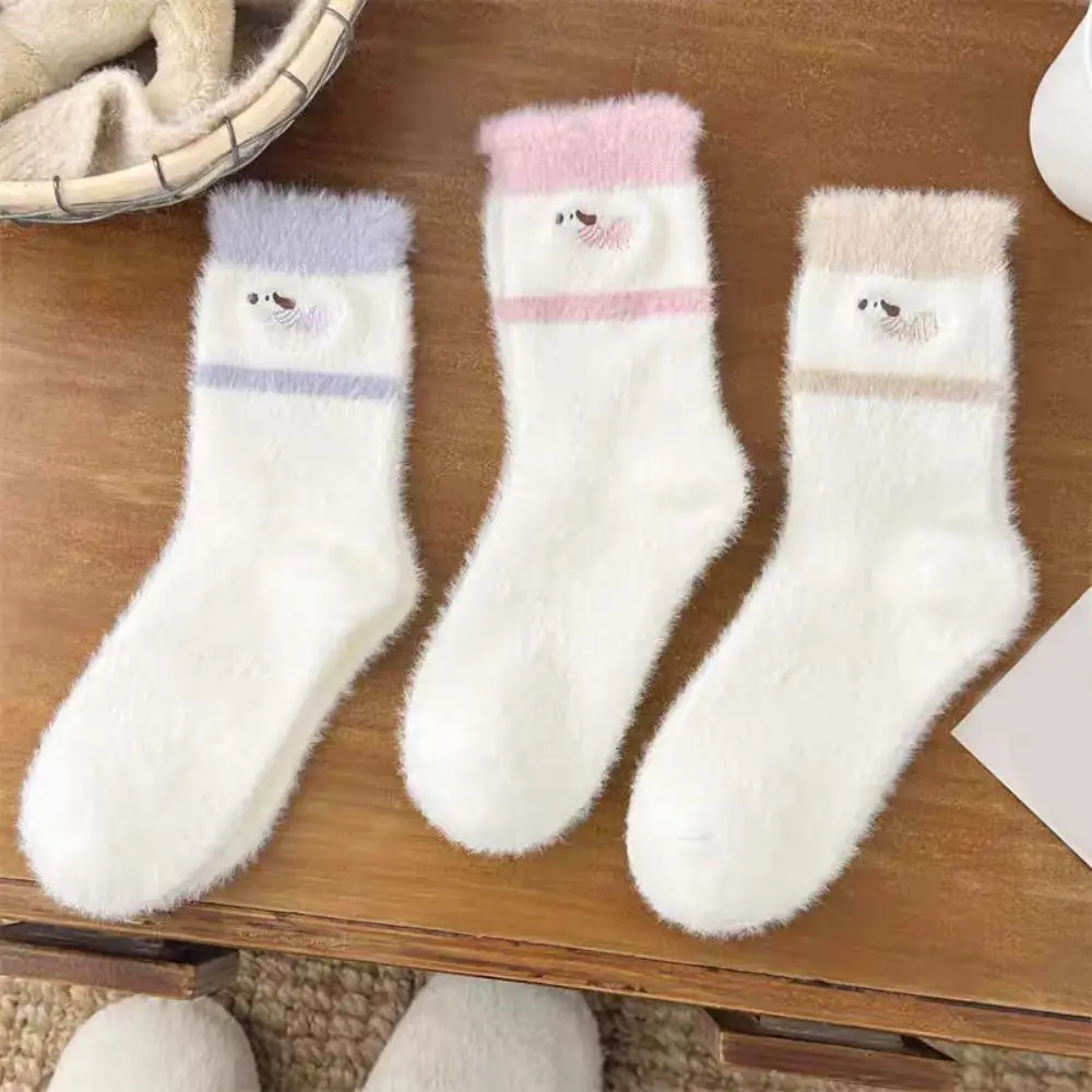 

5Pairs Puppy Dog Winter Fluffy Socks Embroidery Fluffy Mink Fleece Socks Sweet Pile Up Plush Floor Socks Streetwear