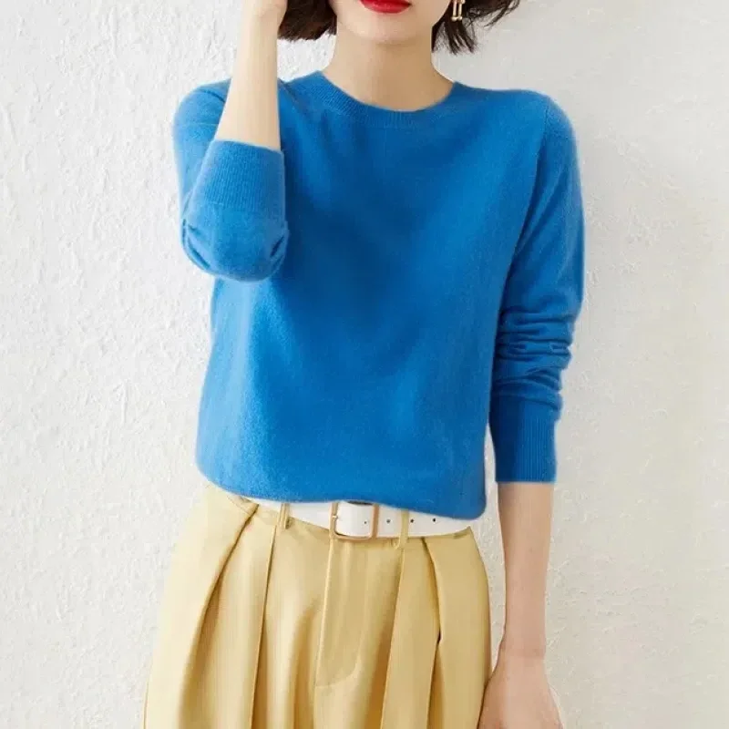 Autumn Winter Knitted Solid Color Women's Clothing Round Pullover Long Sleeve Sweater Screw Thread Flattering Korean Tops B288