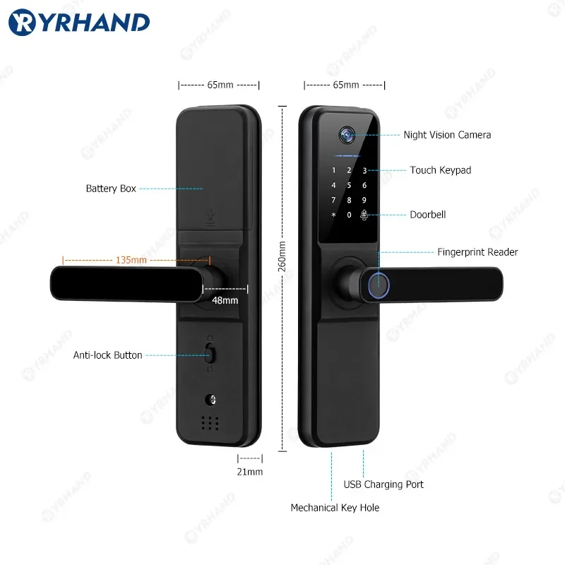 YRHAND H01 Fechadura Eletronica Tuya Wifi Digital Electronic Smart Door Lock With Biometric Camera Fingerprint IP66 Smart Lock