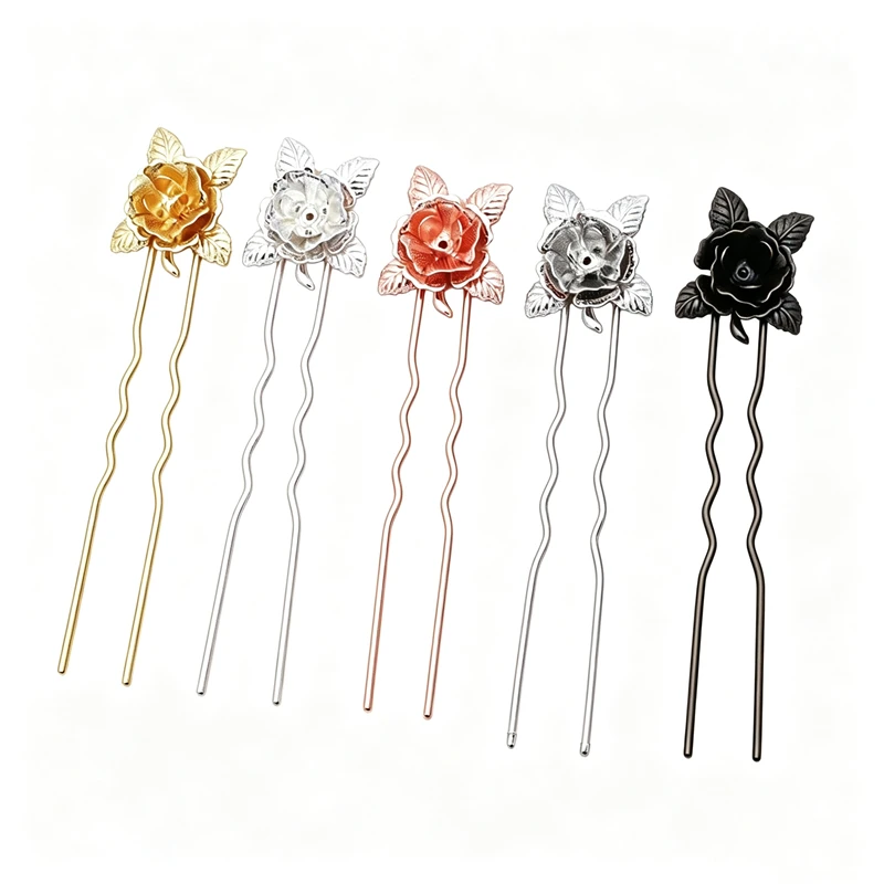 BoYuTe Custom Made (200 Pieces/Lot) Rose Flower U-Fork Hair Pins Antique Double Prong for DIY Vintage Hanfu Hair Jewelry Making