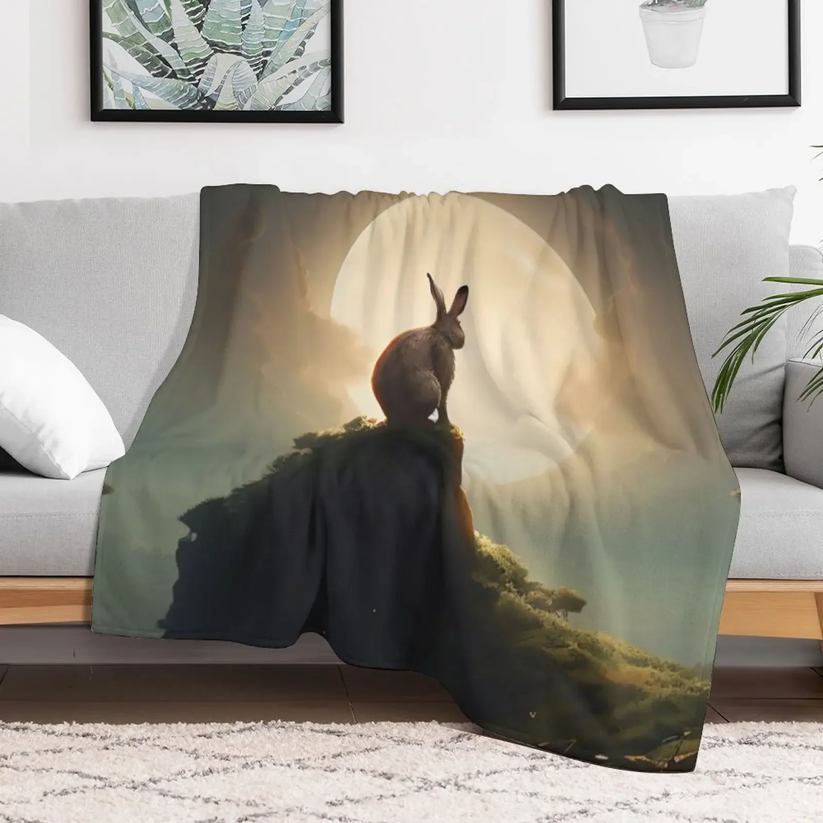 Moon Gazing Hare Throw Blanket Travel Size Cozy Blanket for Plane Train