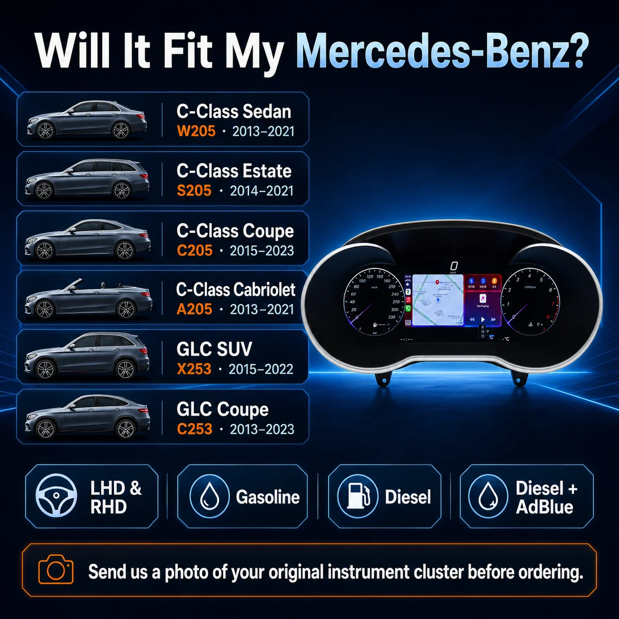 AUTOTOP Tableau de bord numérique 12,3 pouces pour Mercedes-Benz W205 S205 C205 A205 X253 C253 2015-2018, Compteur de vitesse virtuel HD avec CarPlay sans fil, Android Auto, Navigation GPS, Bluetooth, AirPlay et AutoLink, Commandes au volant, 7 thèmes d'interface utilisateur