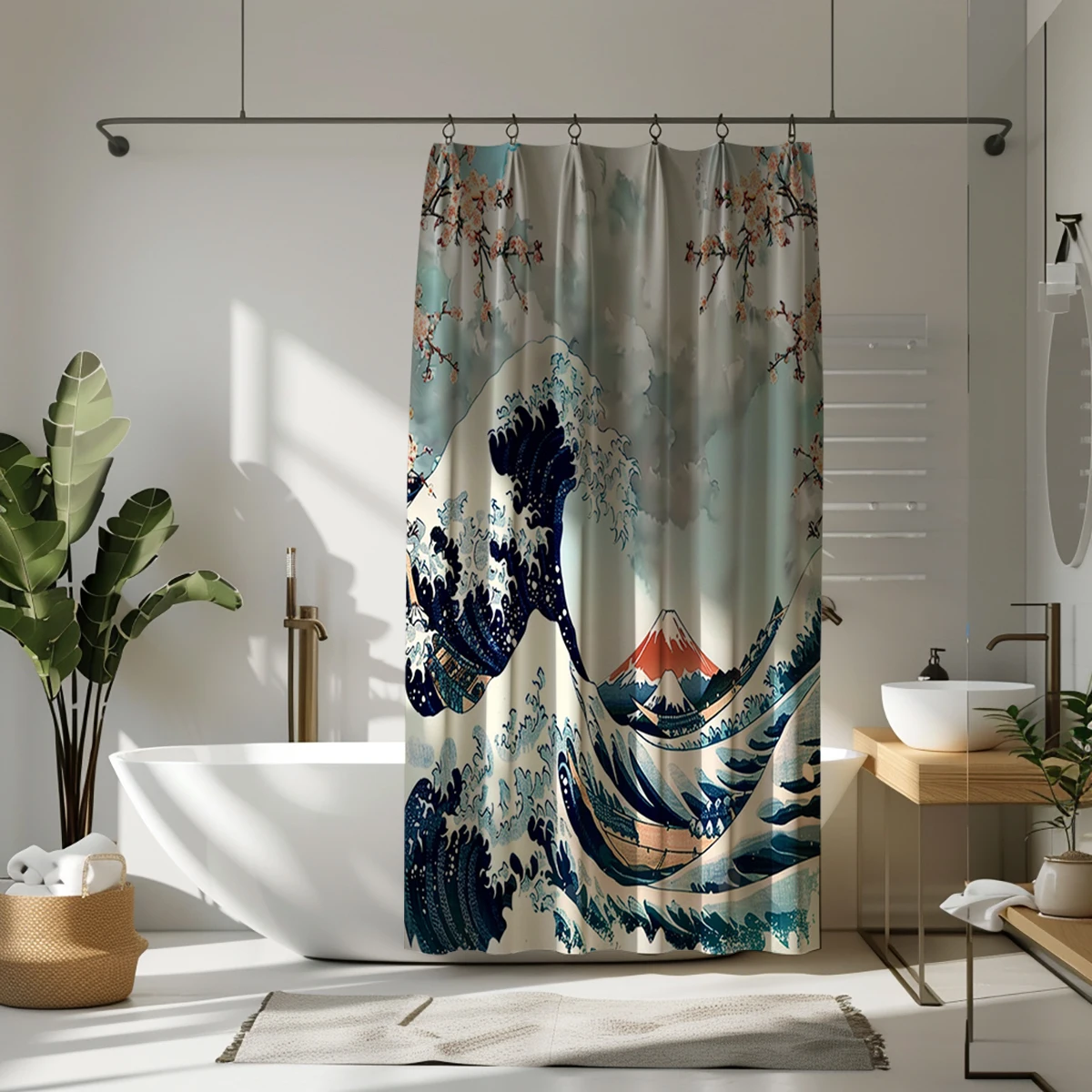 1 pack Japanese Ukiyo-e style Kanagawa surf pattern polyester material shower curtain tarpaulin bathroom thickeneded mildew-proof partition curtain