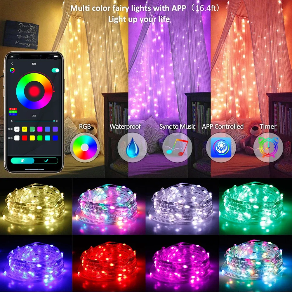 USB RGBIC Smart Fairy Lights Waterproof PVC Wire Bluetooth String Light Decoration for Christmas Party Wedding Home