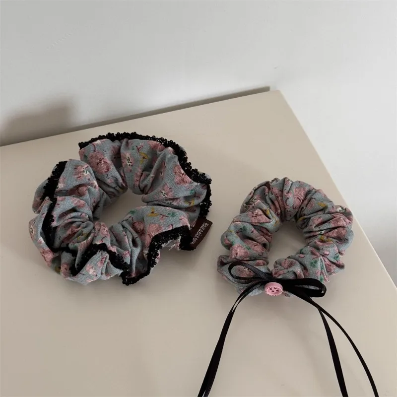 Blue background pink flower bow lace large intestine hair loop fabric low ponytail ball headband hairs accessory new style