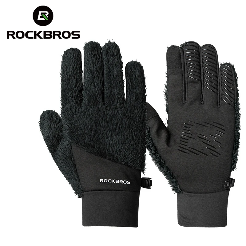 ROCKBROS Autumn Winter Ski Gloves Warm Windproof Cycling Gloves Snowboard Driving Double Layer Fleece-Lined Thickened Gloves