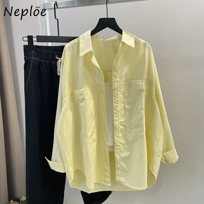 

Neploe Solid Loose Mid-length Korea Chic Shirts Long Sleeve Loose Casual Layering Ropa Mujer Streetwear Trendy Hip Hop Blouses
