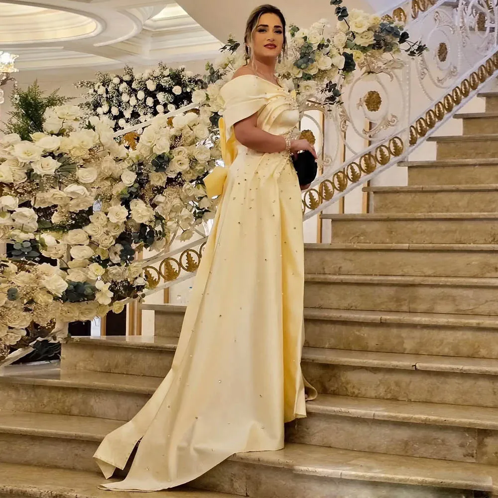 Customized Yellow Satin Engagement Dress for Bridel Off the Shoulder 3D Flower Formal Evening Dresses With Bow Tie