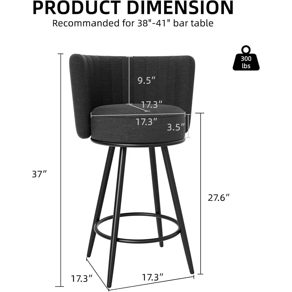 Bar Stools Set of 4, 27" Tufted Modern Counter Height Bar stools, Upholstered Barstools with Back & Footrest Metal Legs