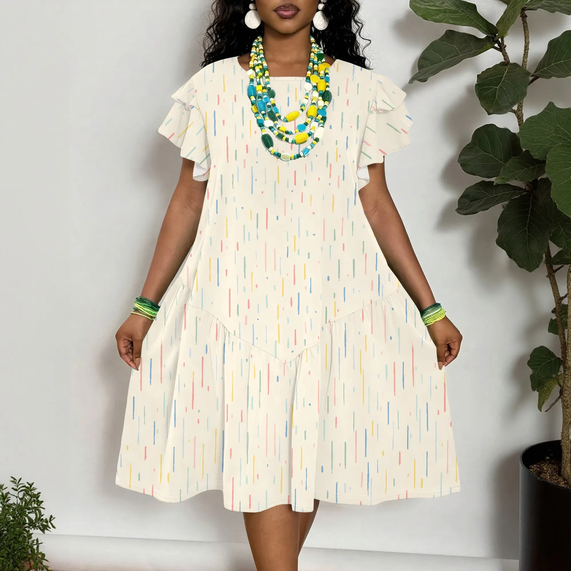 

Colorful Rain Print, Short Sleeve Dress, Flutter Sleeve Dress, Tiered Midi Dress, Casual Summer Wear for Women, XL-6XL