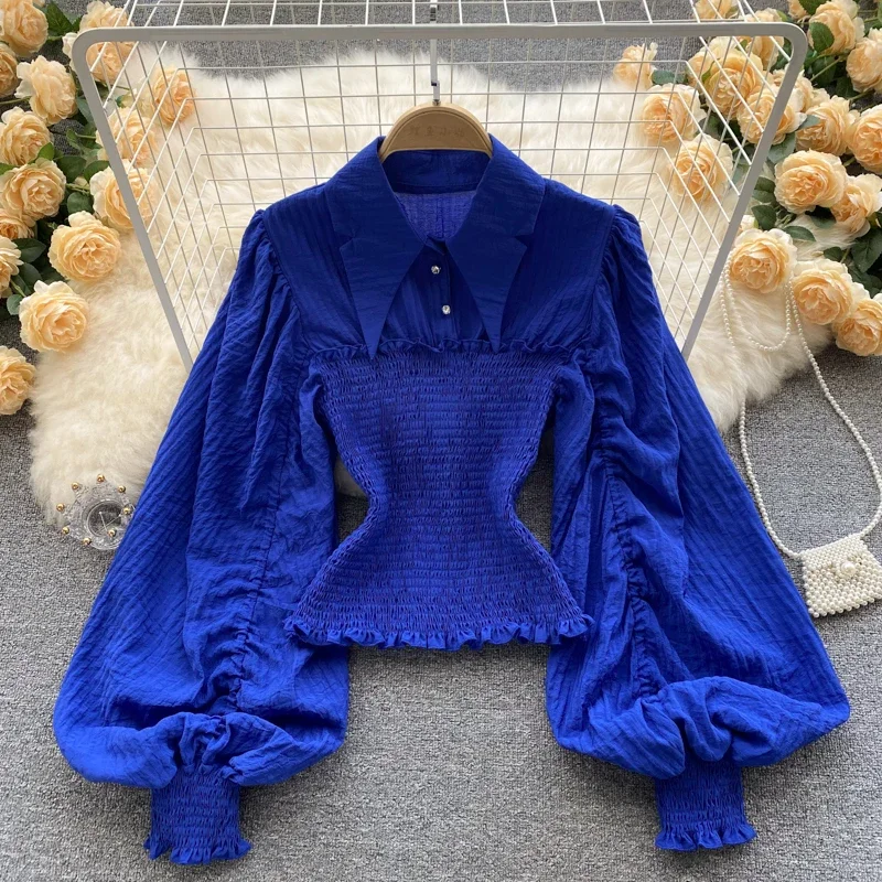 Vintage Lantern Long Sleeve Lapel Pleated Blouse Slim Elegant Korean Fashion Top Sexy Autumn Women Shirt