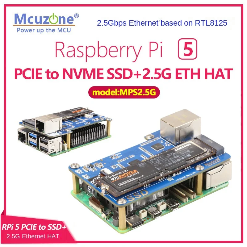

MPS2.5G Raspberry Pi 5 PCIE to NVME SSD + 2.5G Ethernet HAT 2242 2280
