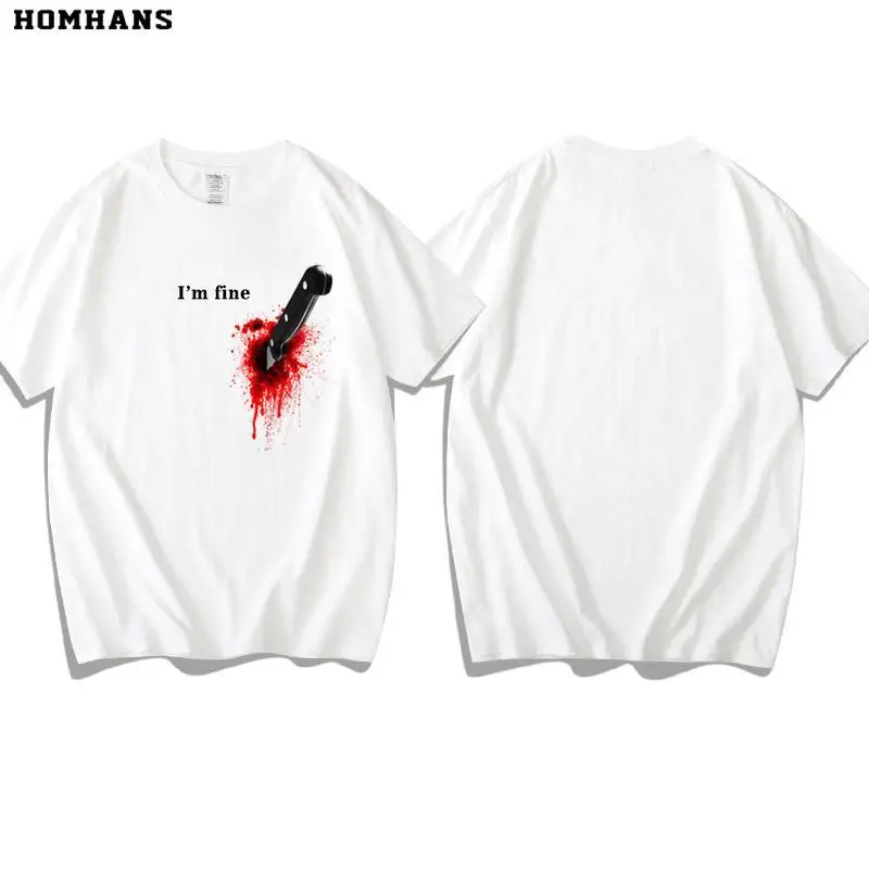 

Funny Bleeding Injury Print Men O Neck Short Sleeve T Shirts Halloween Party I'm Fine Bloody Spoof Horror Loose Clothing White