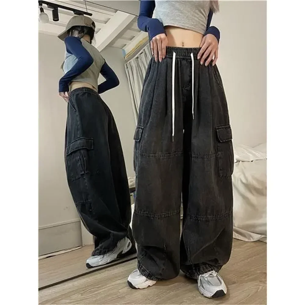 Female Hip Hop Trousers Pockets Streetwear Loose Patchwork Y2k Baggy Cargo Jeans for Women Oversize Wide Leg Denim Pants