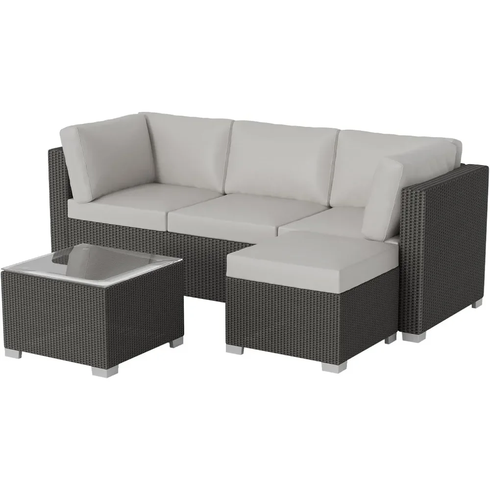 5-Piece Outdoor Patio Rattan Wicker Sofa Set,Sectional with Thickened Back Cushion,Glass Tabletop,Courtyard Space,Light-grey