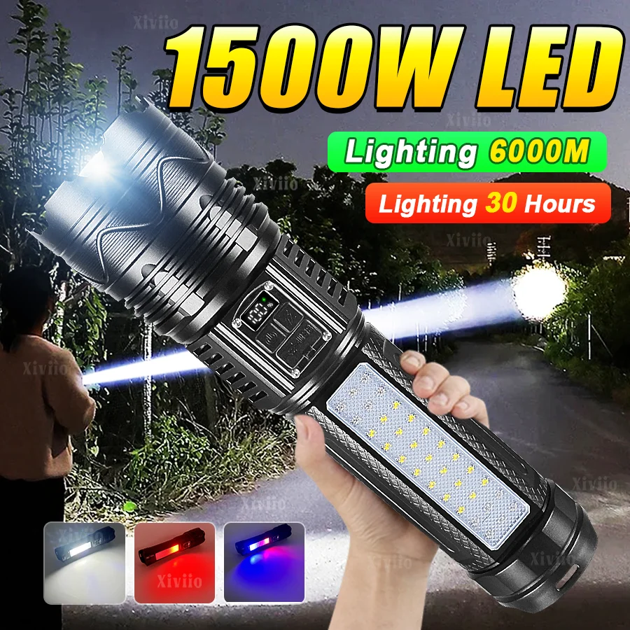 Ultra Bright 1500W LED Flashlight High Power USB Rechargeable Tactical Flashlight Strong Light 6000M Torch Camping Fishing Lamp