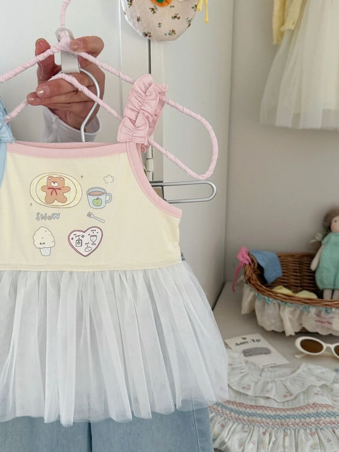 

Summer Children's Sweet Cartoon Print Princ Sle Top Girl's Patchwork Me Vest Color Blo Lace Trim Strap irt