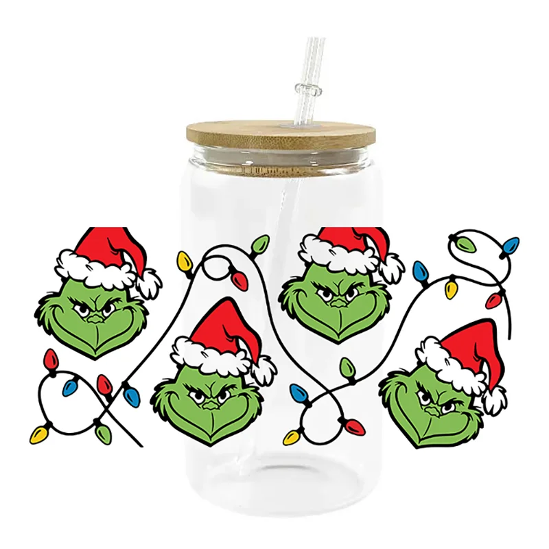 Miniso Cute Cartoon Christmas UV DTF Santa Decal Wrap For 16oz Libbey Glass Can Cup uvdtf Coffee Car Sticker Wholesale DIY