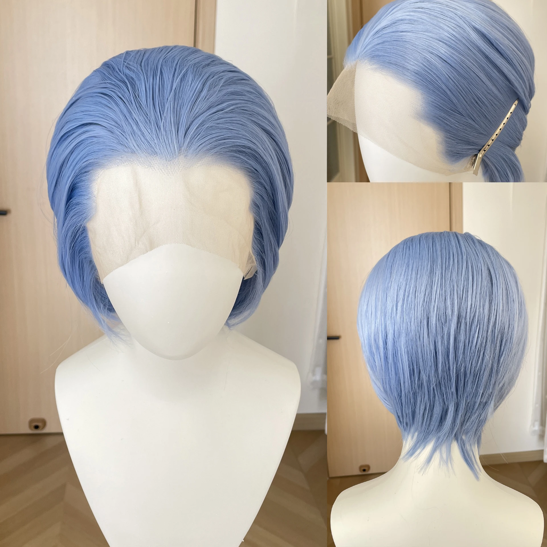 

Widow‘s Peak Sky Blue Short Bob Cut Wigs for Men Synthetic 13x4 Lace Front Wigs for Women Cosplay Glueless Free Part Pixie 150%