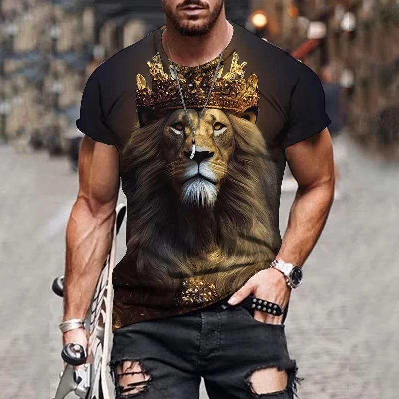 Men's T-shirts Animal Lion Printed Short Sleeve Crew Neck Pullover Streetwear Outdoor Sportshirt Loose Top Tee Male Men Clothing