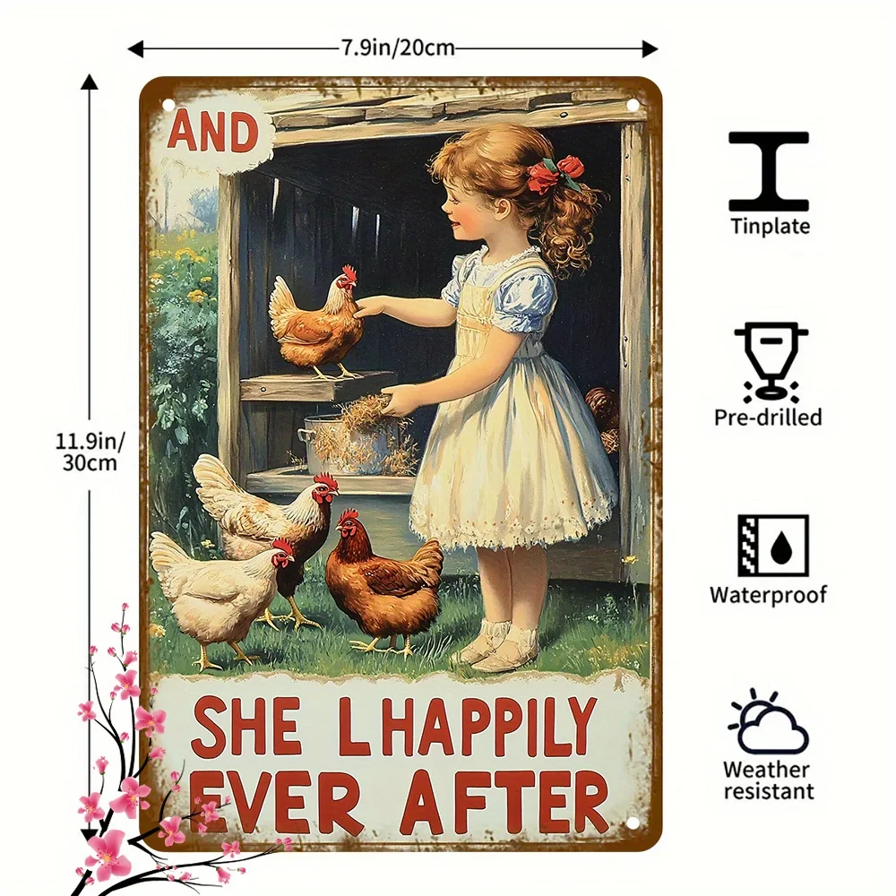 Vintage Rustic Metal Wall Art Sign - Children Feeding Chickens Farmhouse Decor, Durable Iron Tin with Pre-Drilled Holes fo
