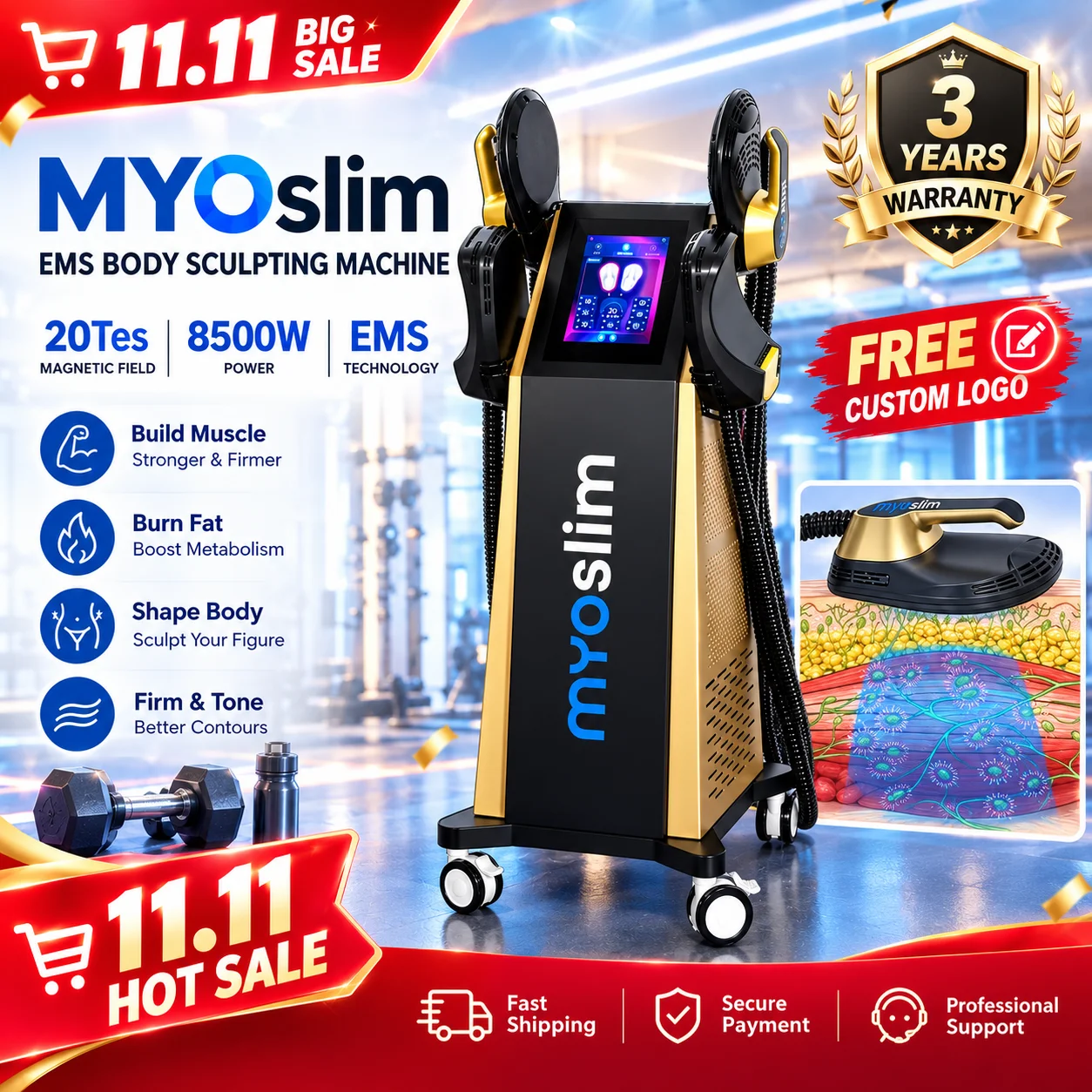 EMS Body Toning Machine MYOslim 20Tes 8500W HI-EMT Muscle Stimulator Fitness Equipment for Home Workout and Personal Use