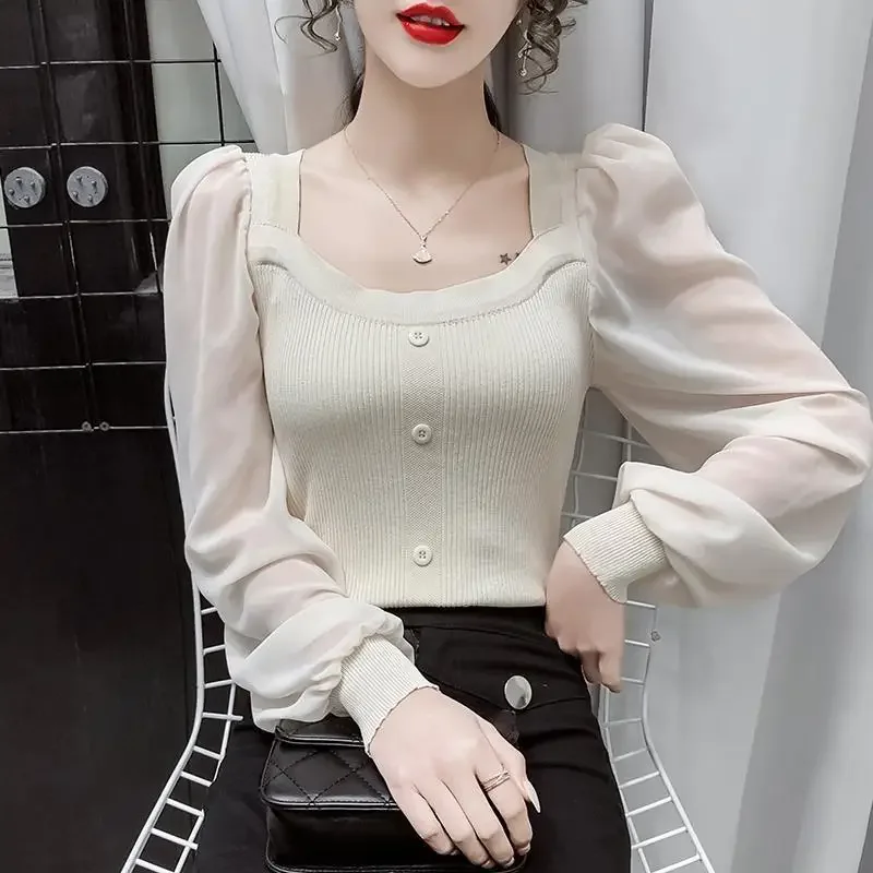 

2024 Autumn/Winter Women's Casual Fashion Elegant Commuting Collar Solid Color Button Splicing Bubble Sleeve Bottom Small Shirt