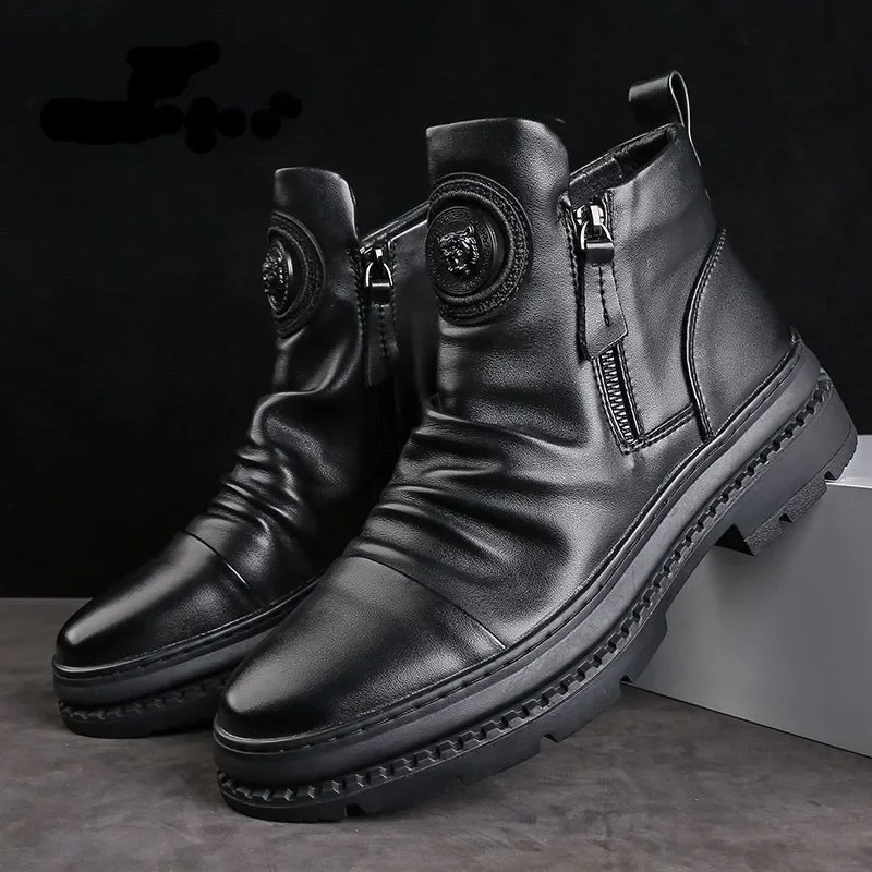 Mens High-top Boots Luxury Business Office Dress Boots Fashion Casual Leather Boots for Men Side Zipper Motorcycle Ankle Booties