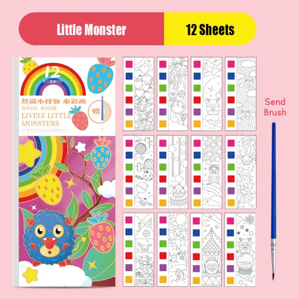 

12 Pages Watercolor Coloring Book With Painting Brush DIY Graffiti Doodle Book Portable Handcrafted Mini Paint Pad Gift