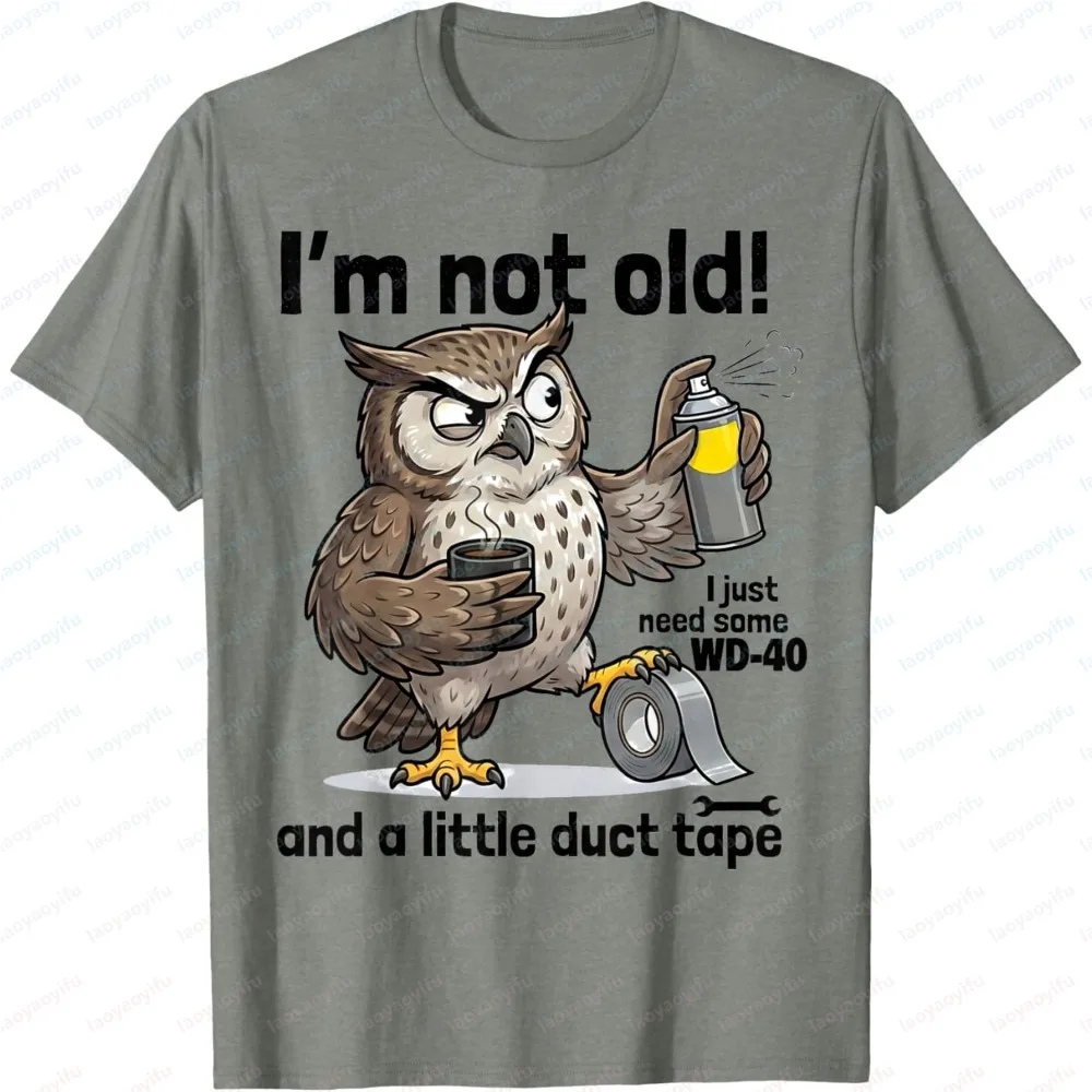 Men T-Shirt Summer Short Sleeve Fashion Funny Owl WD40 Duct Tape Graphic Tee Casual Humor Cotton Top Daily Wear Gift for Tops