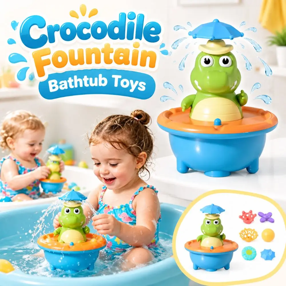 Cartoon Crocodile Fountain Bathtub Toys USB Rechargeable Rotating Fountain Head Light up Bath Toys Waterproof LED Light
