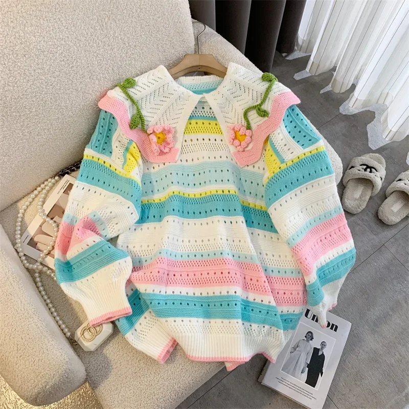 

Women's Striped Pullover Sweater Harajuku Korean Y2k Long Sleeve Peter Pan Collar Jumper Knitted Sweaters Vintage 2000s Clothes