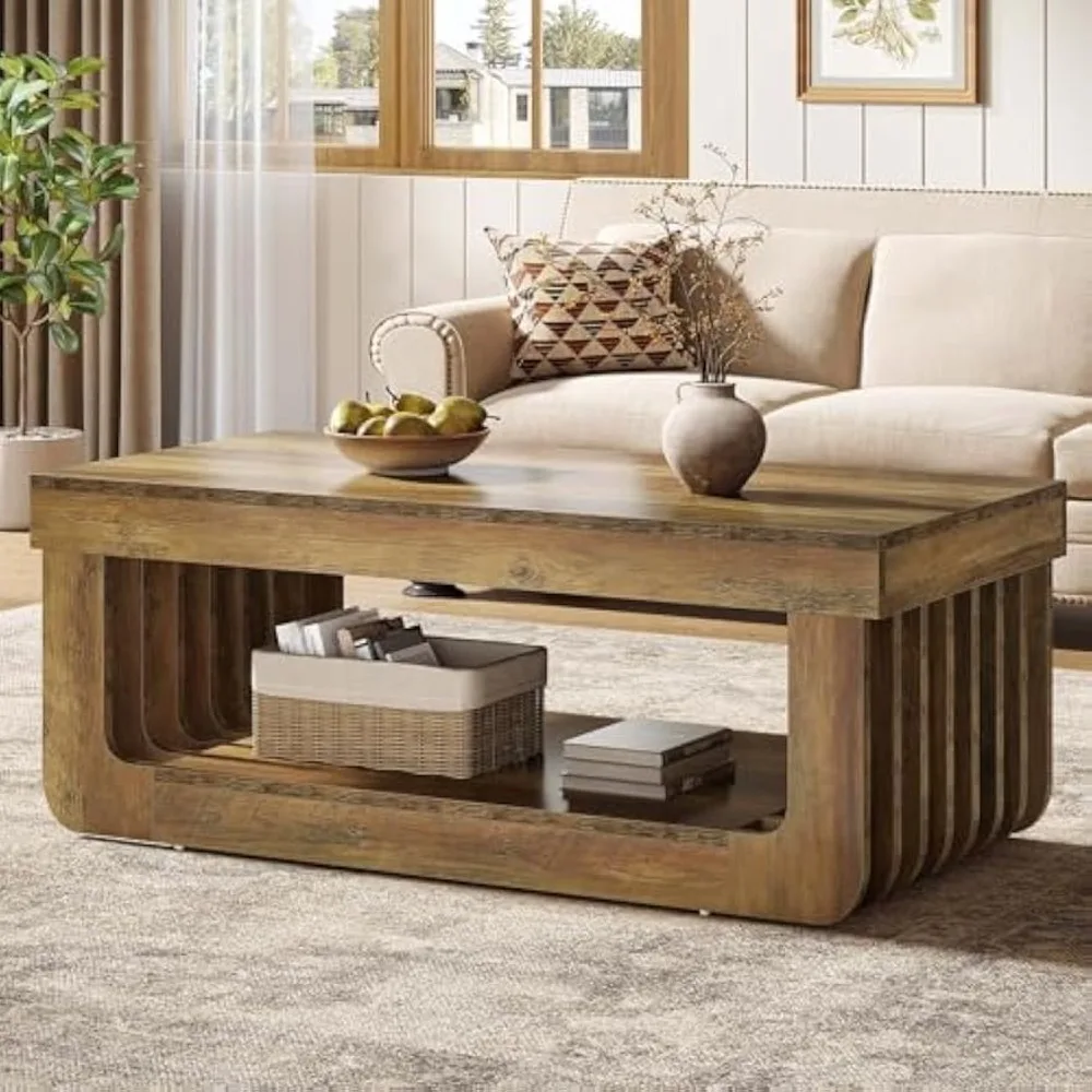 Farmhouse Coffee Table with Storage, 47-Inch Rectangle Living Room Tables, 2-Tier Cocktail Tea Table, Wooden Center T