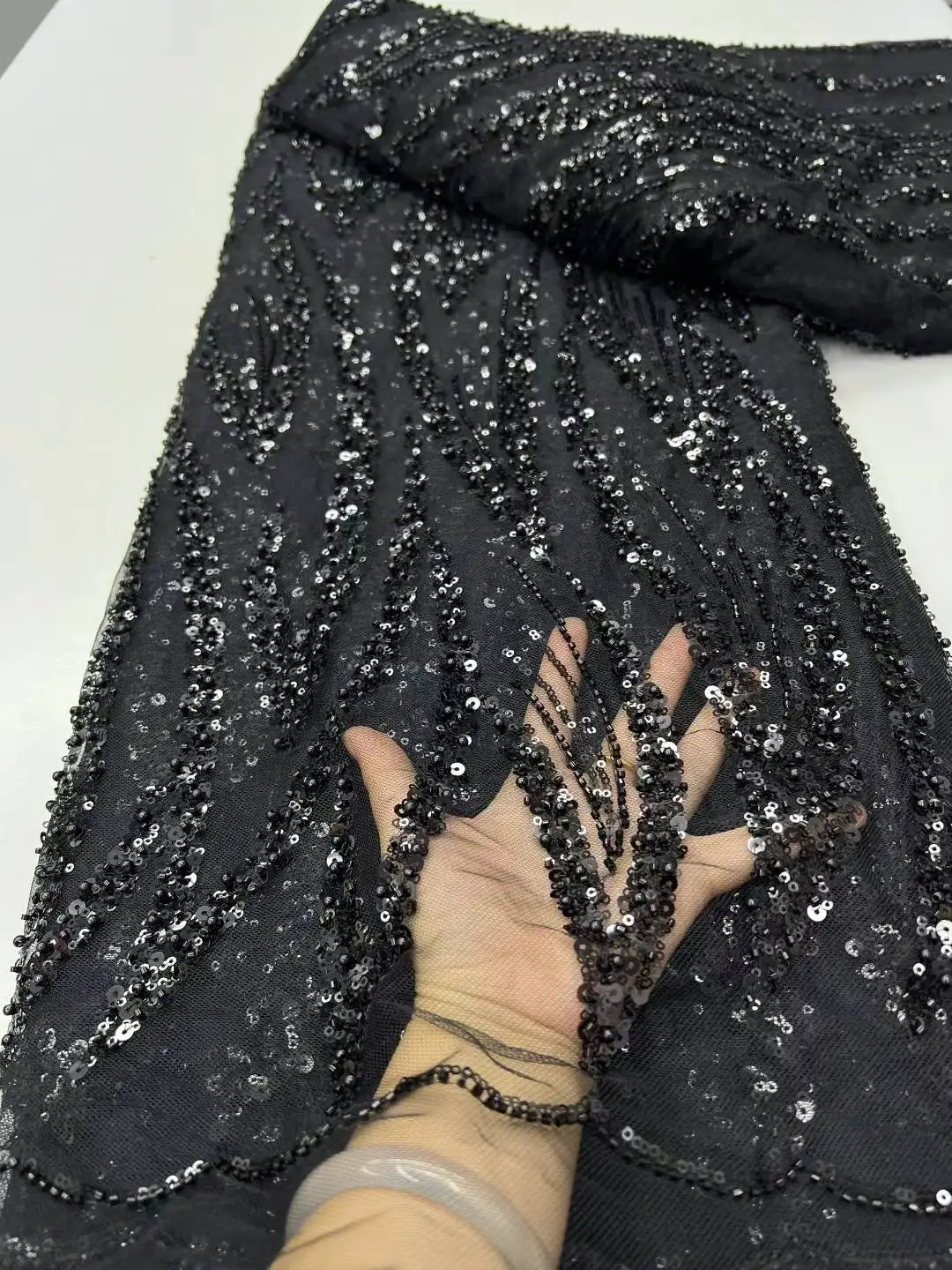 African Beaded Lace Fabric Sequin High Quality shaped design For Sewing Cortinas Fabric Women Cloth Wedding Dress