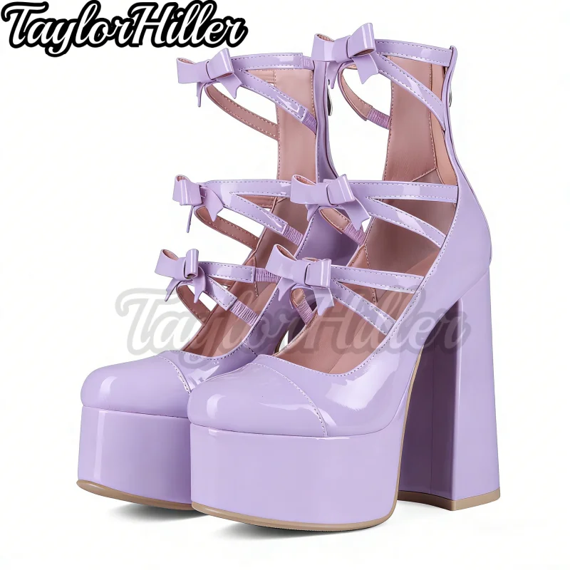

Y2k Сапоги на платформе с узлом-бабочкой Лолита Квадратный носок на блочном каблуке Лакированная кожа Botas Обувь с ремешками и несколькими пряжками Весна-лето
