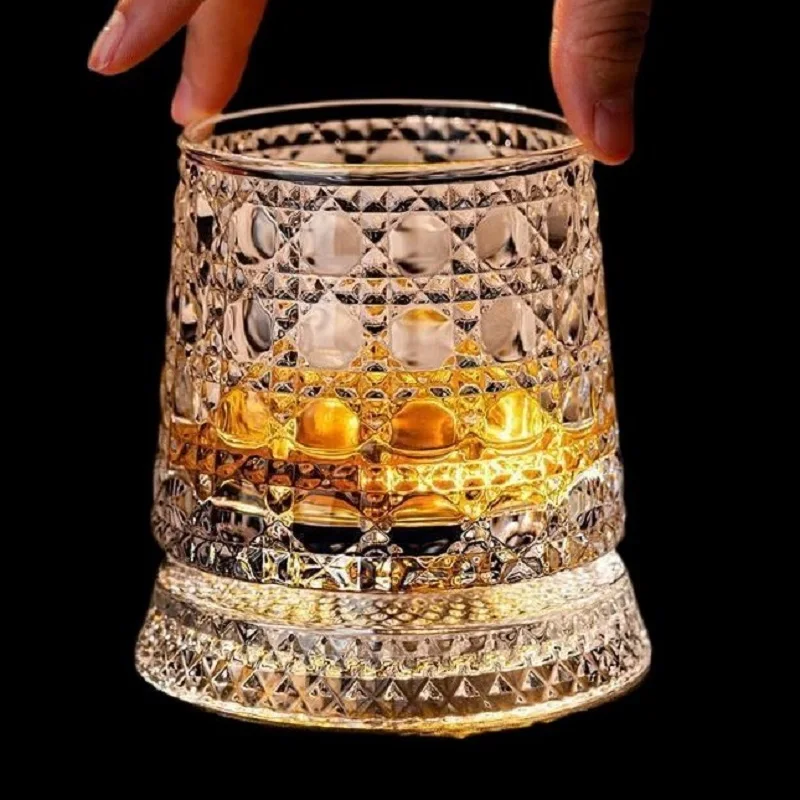 Whiskey Glasses Rotating Whisky Glass With Glass Base 360 Rotate Degrees Crystal Rum Glass For Cocktail Party Drinking
