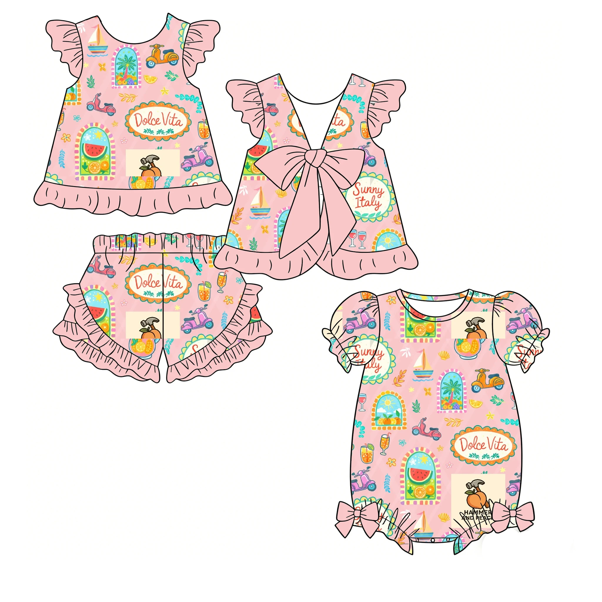 Boutique children's sets romper sleeveless top with ruffled bow decoration paired with ruffled shorts beach series fruit prints
