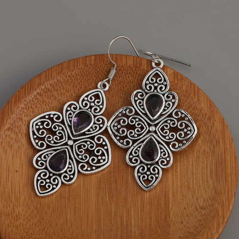 Vintage Silver Color Water Droplets Purple Stone Earrings Personality Metal Carving Pattern Geometry Hollow Dangle Earrings