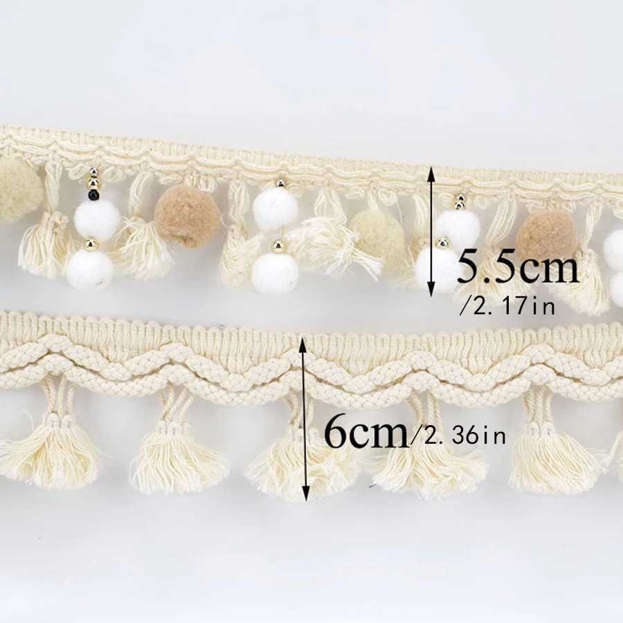 1Y Pom Trim Ball Wide 6CM Fringe Ribbon Sewing Beige White Lace Kintted Fabric Beaded Handmade Craft Accessories