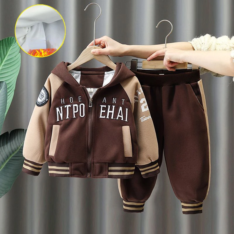 Winter Boys Clothing Sets Fleece Clothes Sets For Kids Letter Children Jacket+Pant 2pcs Suits 2023 Baby Tracksuit