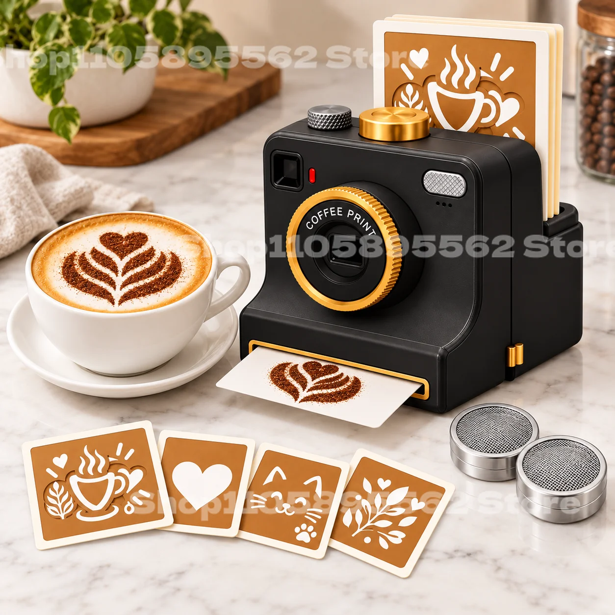 Camera Shape Coffee Foam Stencil Sifter Press Dispenser For Cinnamon Cocoa Powder Shaker Barista Dessert Drawing Stencil Device