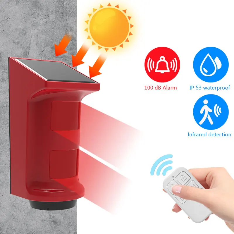 

Solar Alarm Lamp with PIR Motion Sensor Detector 433Mhz Remote Controller Outdoor Waterproof Sound Siren Alarm Volume adjustable