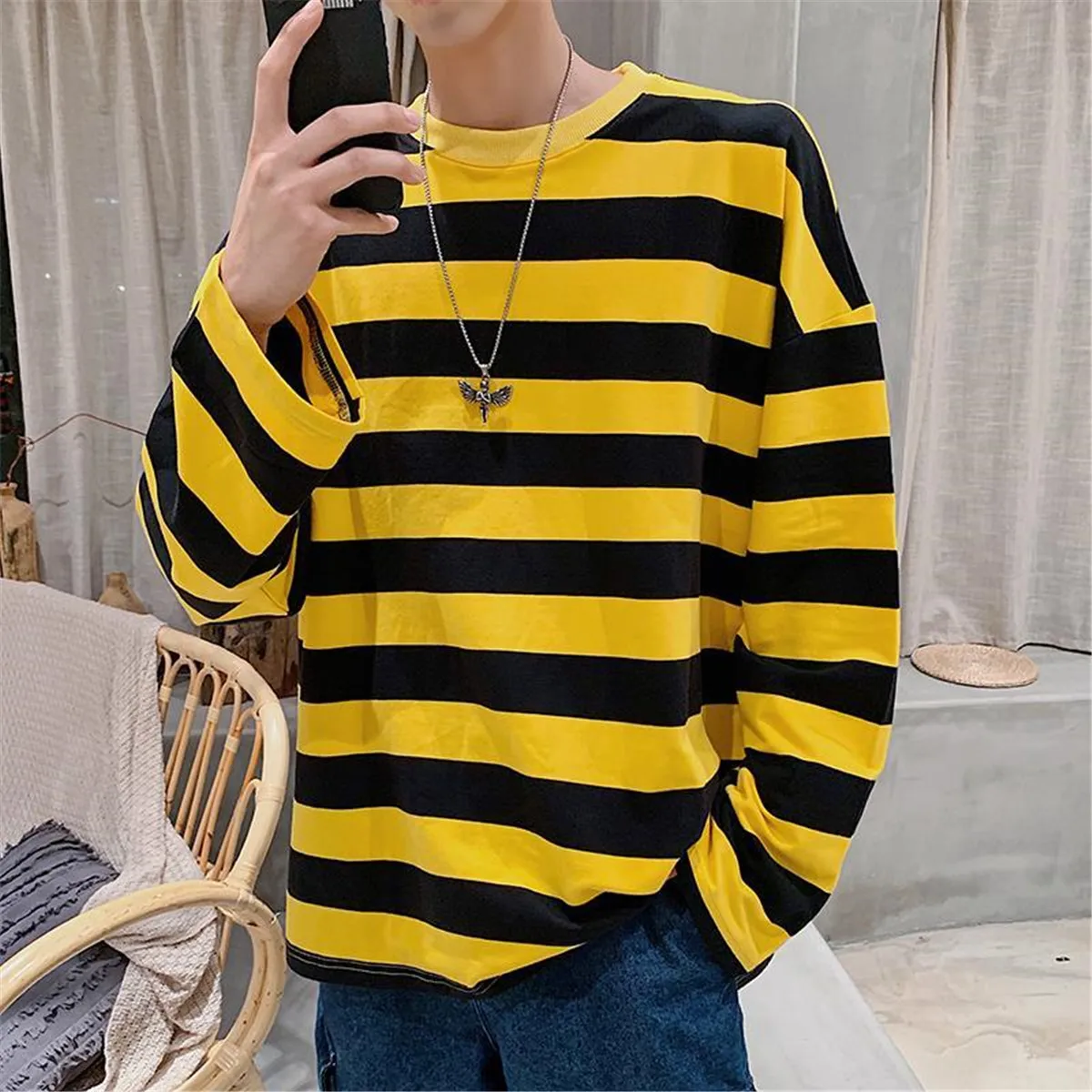 Fashion Punk Men Harajuku Black Red Striped Male Loose Oversized Long Sleeve Summer Boys Tees Retro T Shirt Punk Clothes Boys