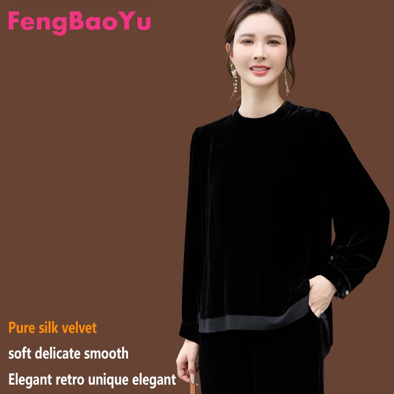 

Fengbaoyu High-end Silk Velvet Women's Shirt - New Style - Black Round Neck Patched Top - Elegant, Casual and Comfortable