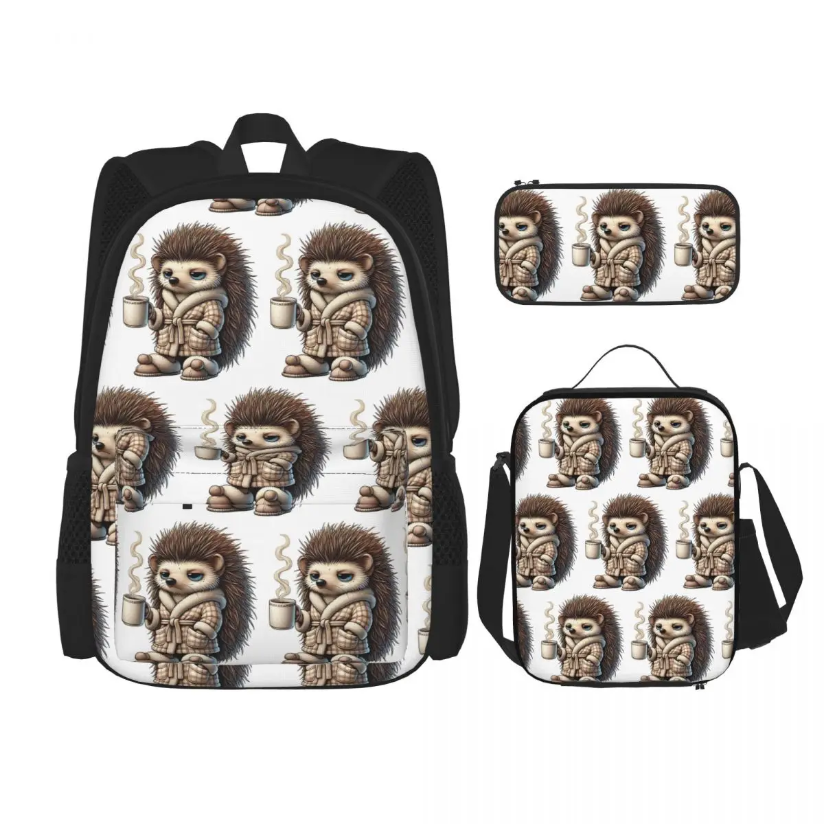 

Tired Hedgehog Backpacks Children Bookbag School Bags Rucksack Lunch Bag Pen Bag Three-Piece Set